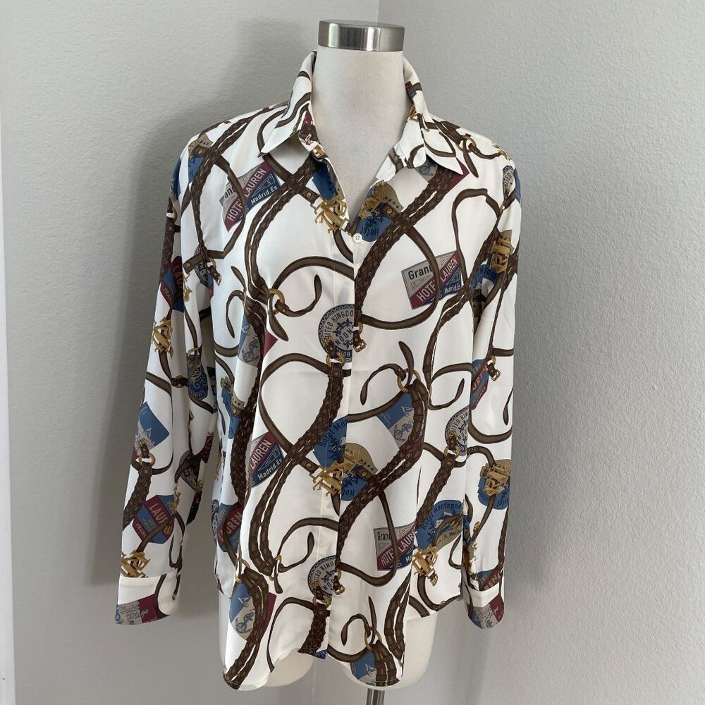 Lauren Ralph Lauren Womens Large Classic Fit Belting‎ print Crepe Shirt Blouse